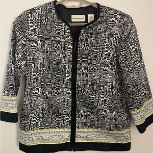 Alfred Dunner Geometric Black and White Blazer with Green Accents-Full Front zip